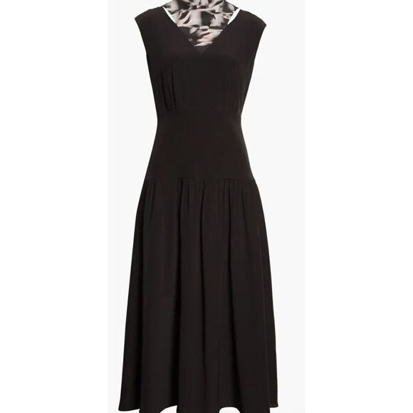Jason Wu Cap Sleeve Midi Fit & Flare Dress with Silk Neck Tie in Black/Pink NWT - Picture 1 of 11